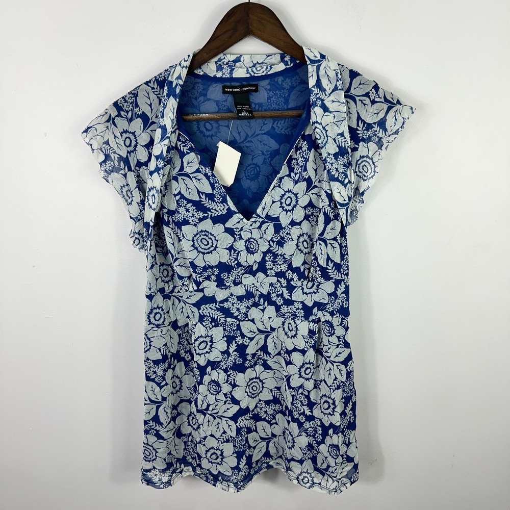 New York & Company Top L Blue Floral Mesh Sheer Blouse Romantic Boho Cottage Y2K